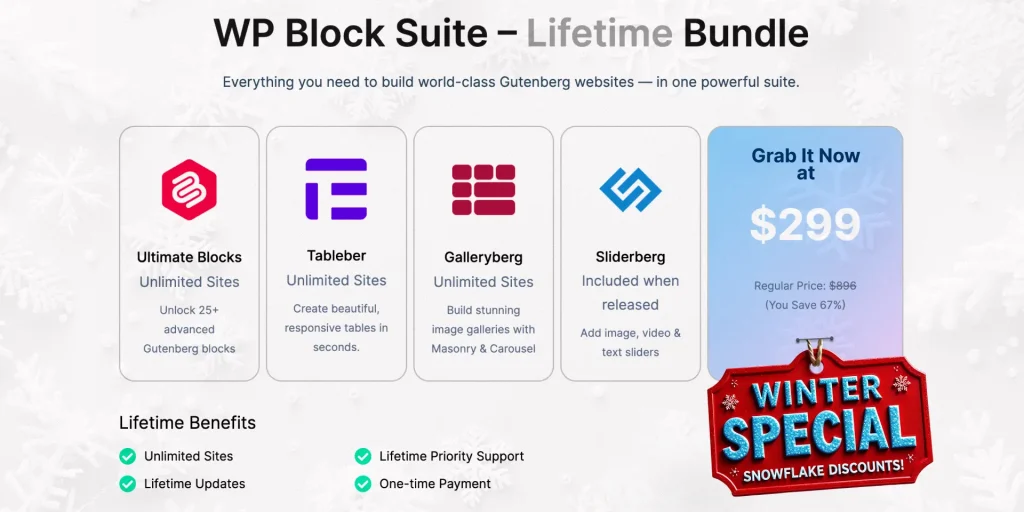 WP Block Suite Holiday Deals Details 2025 - 2026