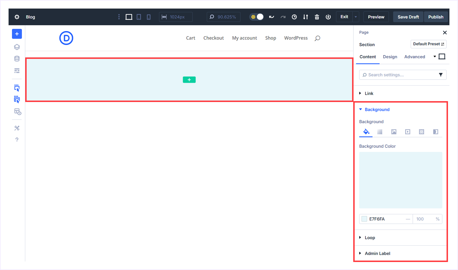 Add a new section and set a background