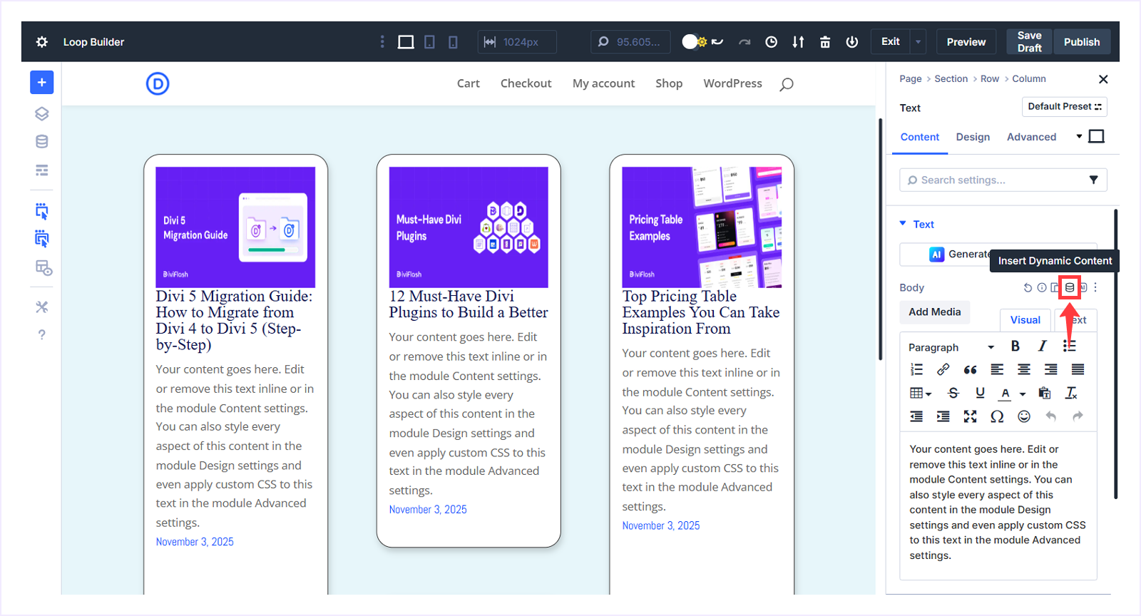 Click Insert Dynamic Content From Settings Pannel