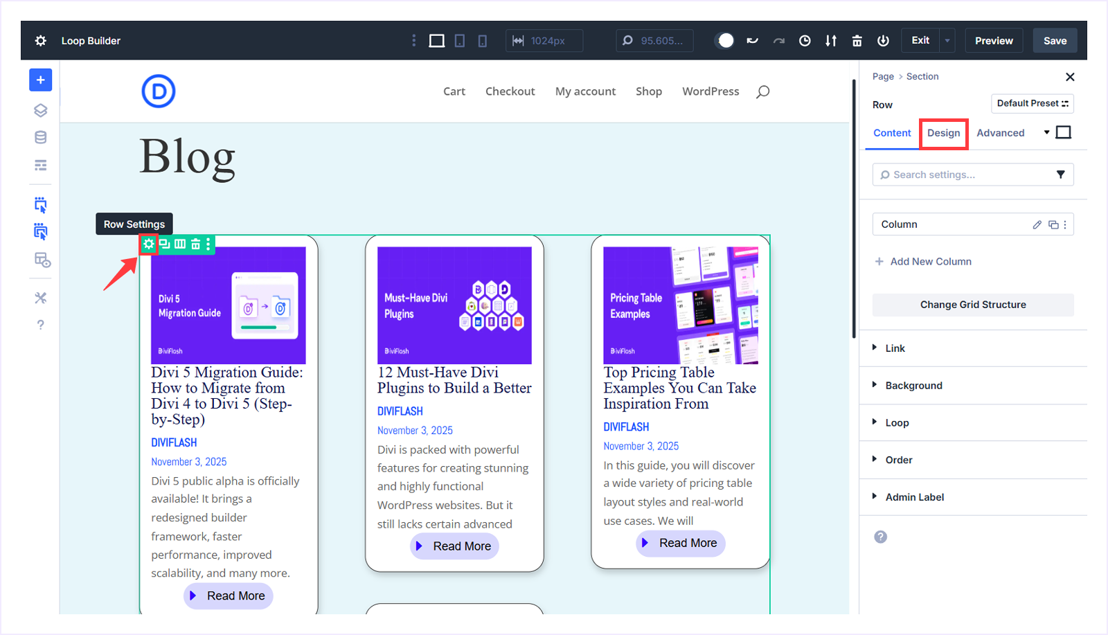 Cick Row Settings and Navigate to Design tab