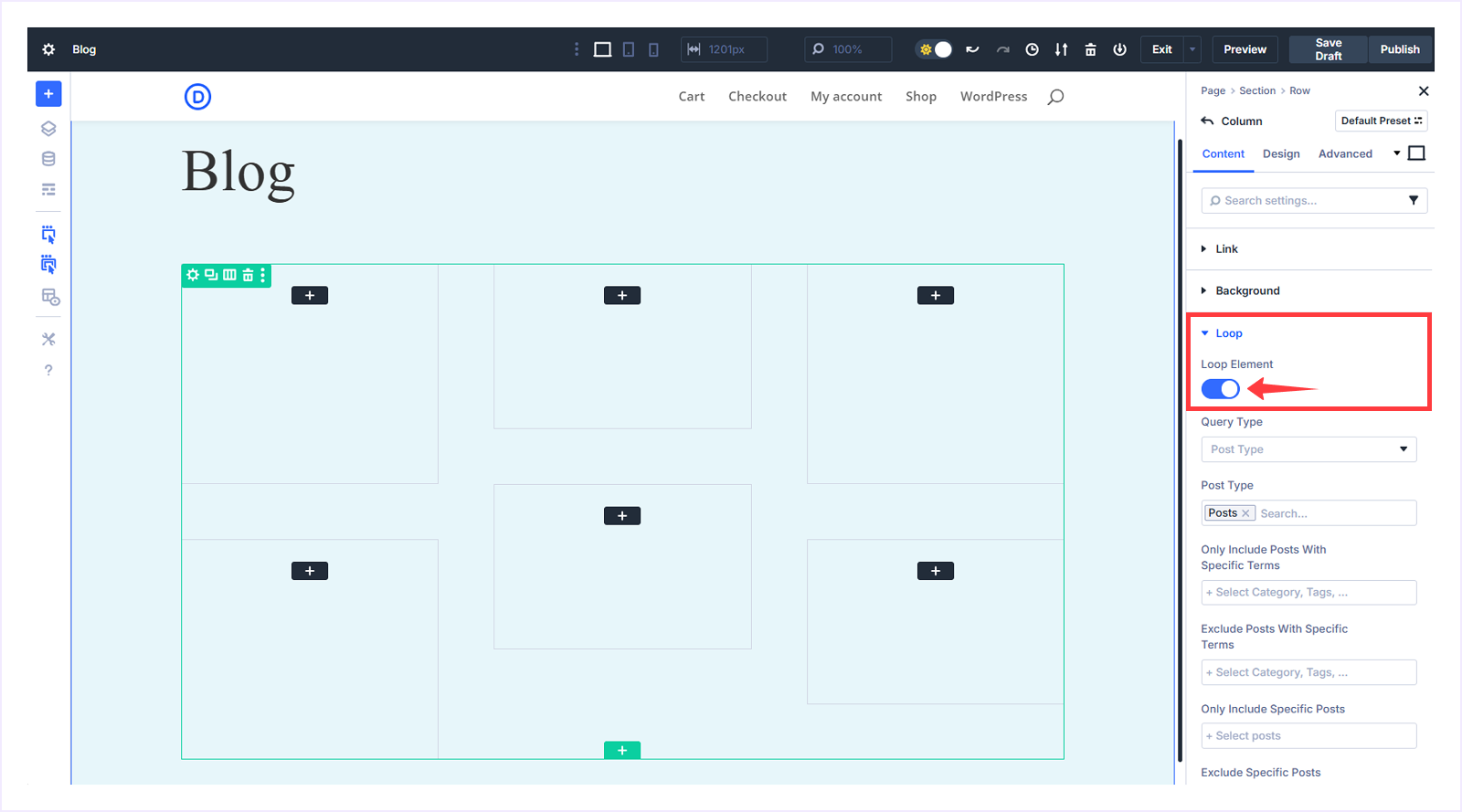 Click the Loop Dropdown and enable Loop Element