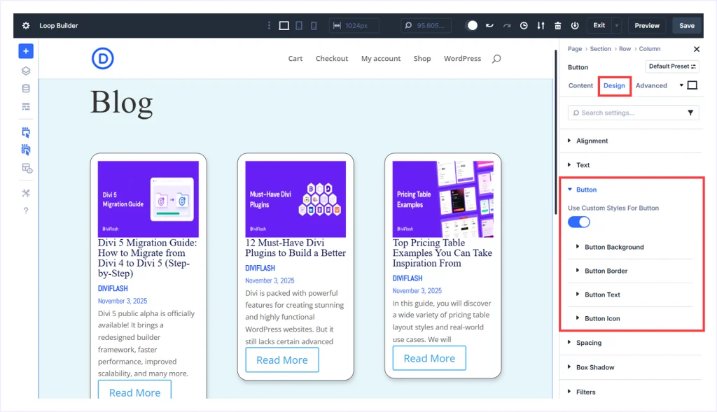 Expand Button Styling Dropdown and enable toggle for custom styling