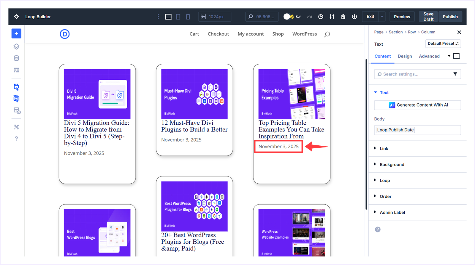 Placeholder Text Replaced with Blog publish Date