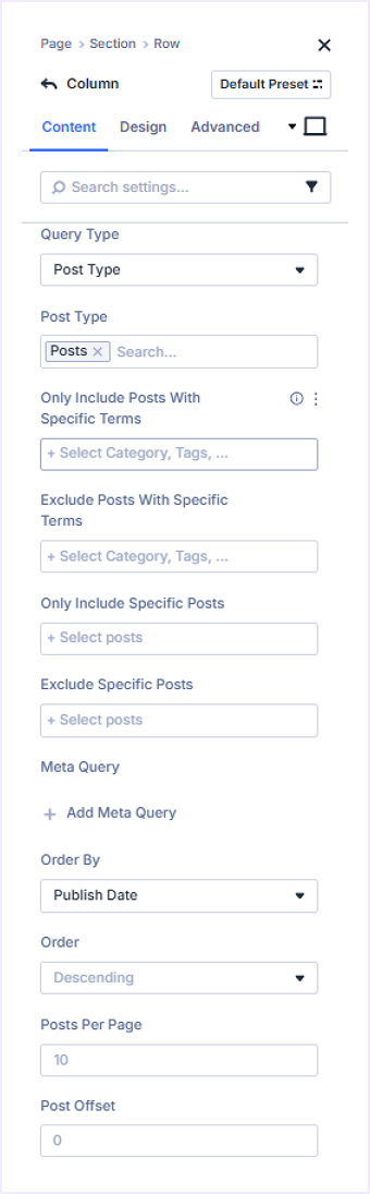 Query Settings For Post Type Query