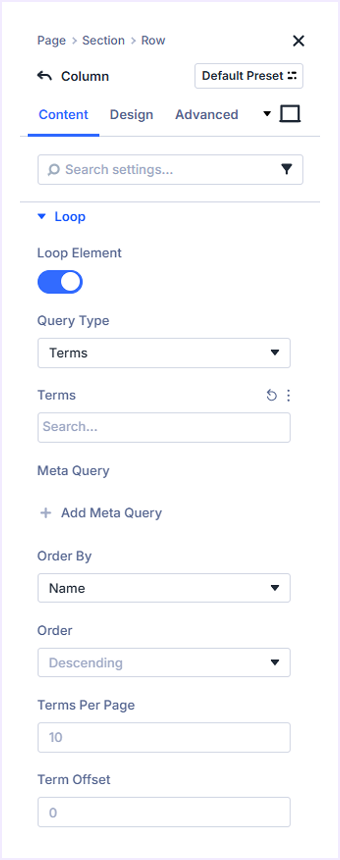 Query Settings for terms type query