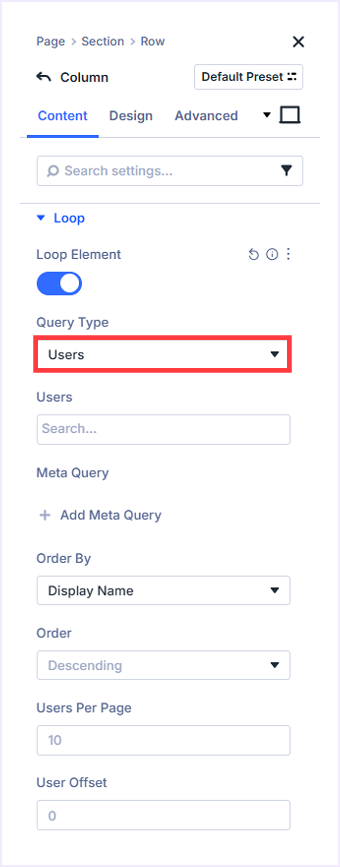 Query settings for user type query