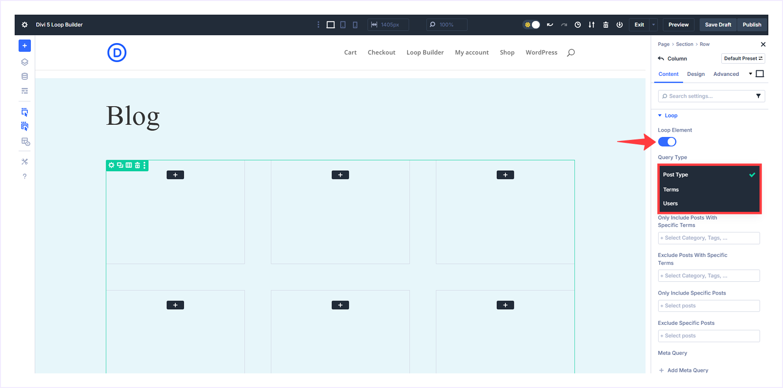 Query types in Divi5 Loop Builder