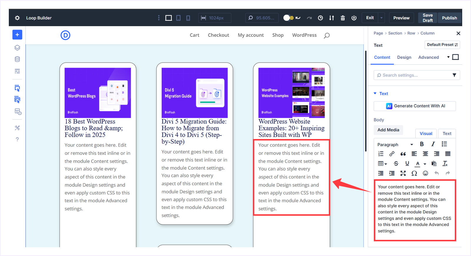 Text Module added with Placeholder text