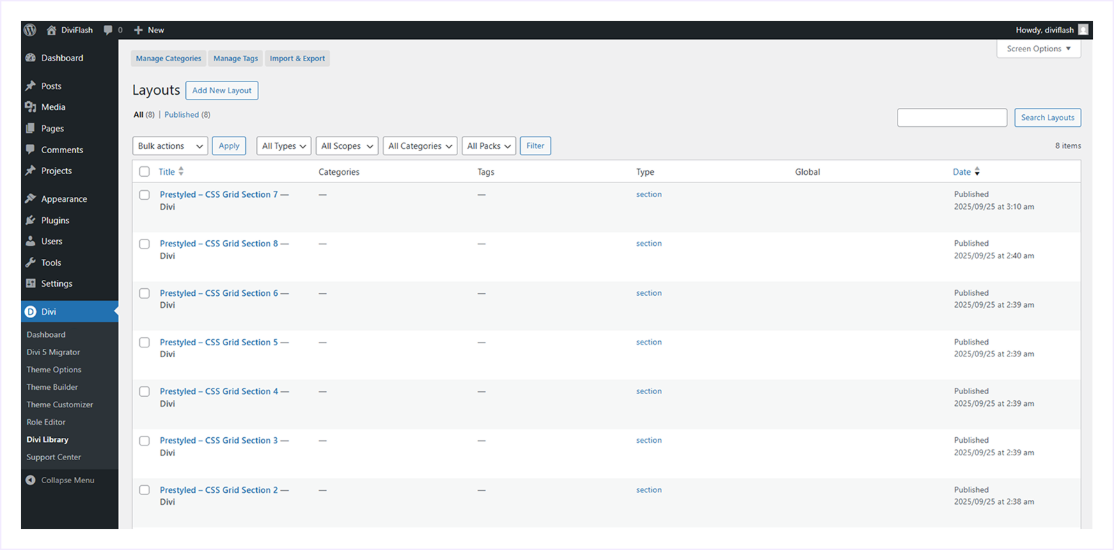 CSS Grid Layouts Uploaded in Divi Library
