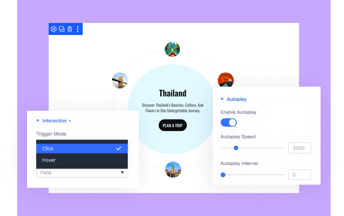 Divi infographic circle module design settings with icon styling, active states, and center area customization