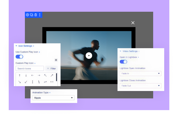 Divi video lightbox with custom play icon and overlay animation