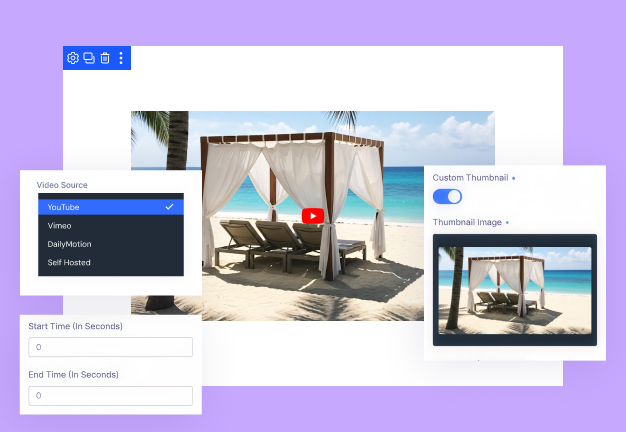 Divi video module source and custom thumbnail settings