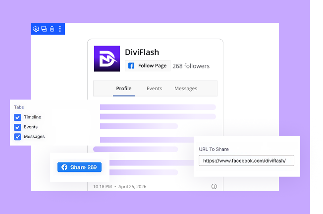 Divi Facebook feed module lazy load and content tab settings with timeline and caption controls