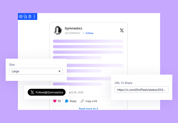 Divi X feed module follow button and share button settings with pre-filled text and hashtag controls