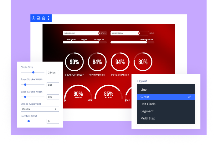 Divi Bar Counter Line Circle and Segment Shapes
