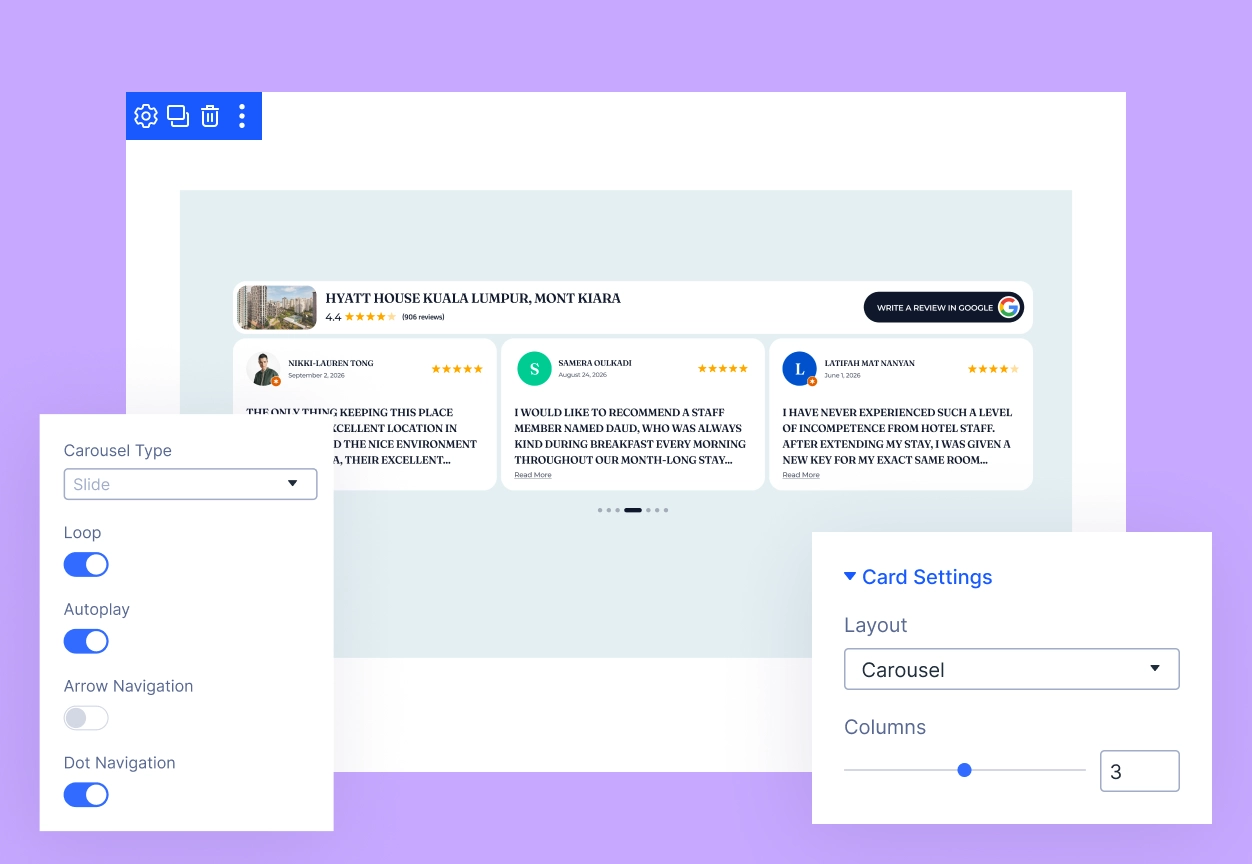 Divi Google Reviews Module Carousel Layout and Column Settings