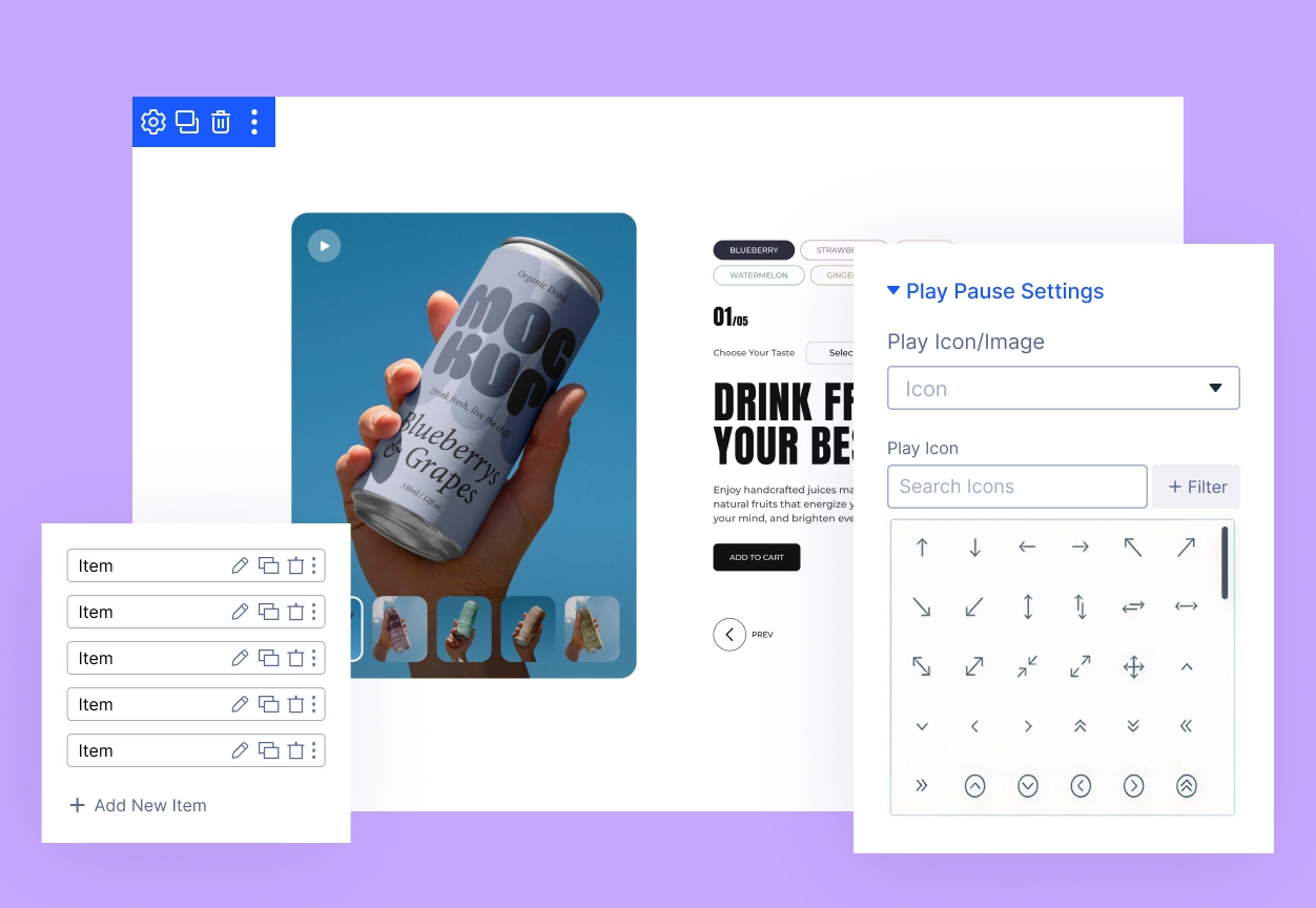 divi-remote-controller-module-tab-dropdown-controls Divi Remote Controller Module Tab Item and Play Pause Icon Settings
