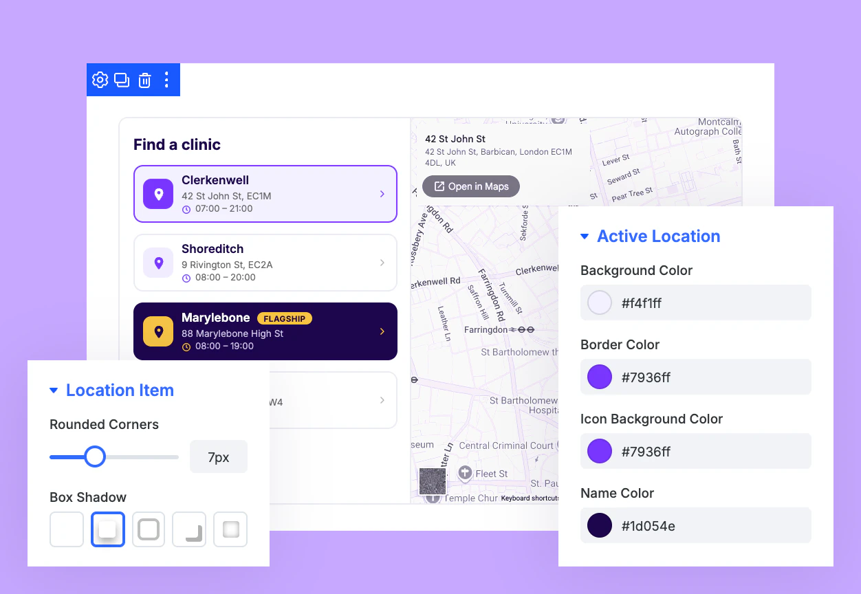 Advanced Divi Map Module Styled Cards With a Highlighted Active Location