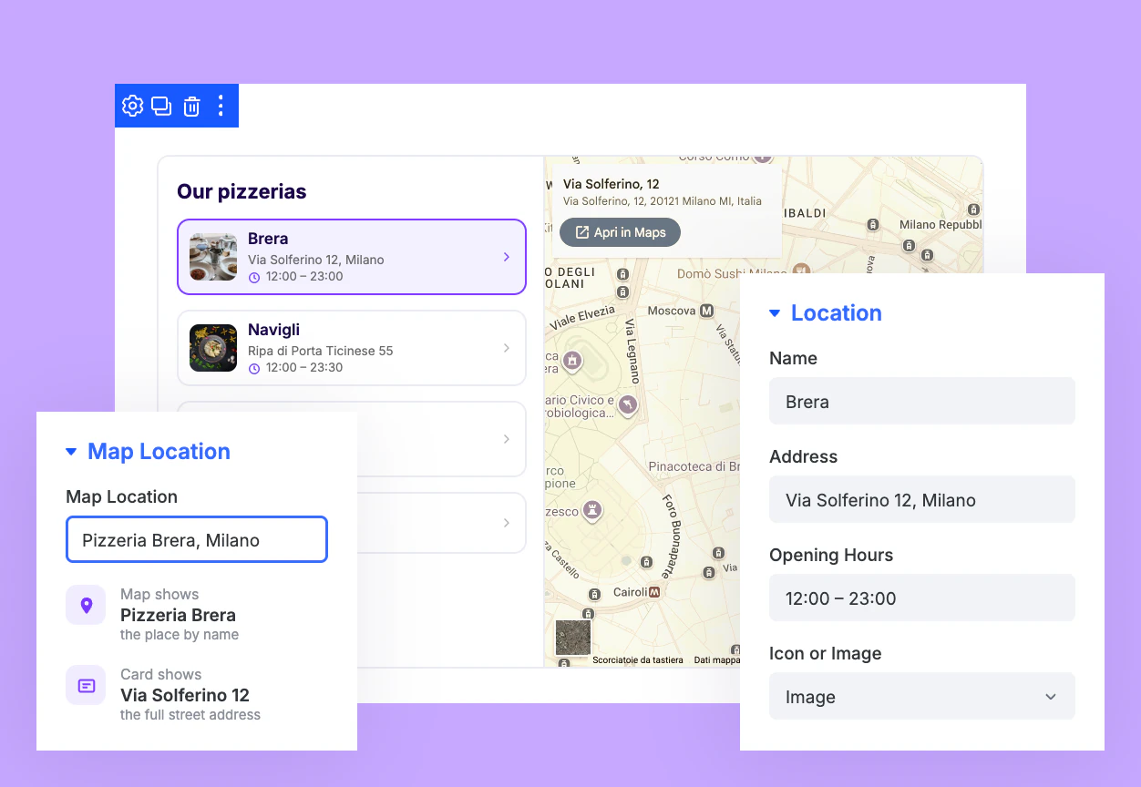 Advanced Divi Map Module Location Cards With Address, Opening Hours, and Photo