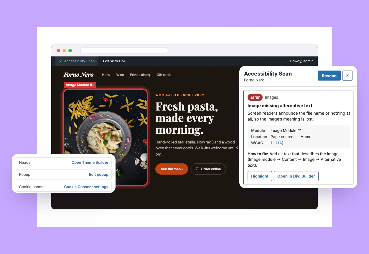 Divi Accessibility Checker Linking an Issue to Its Divi Module and Editor