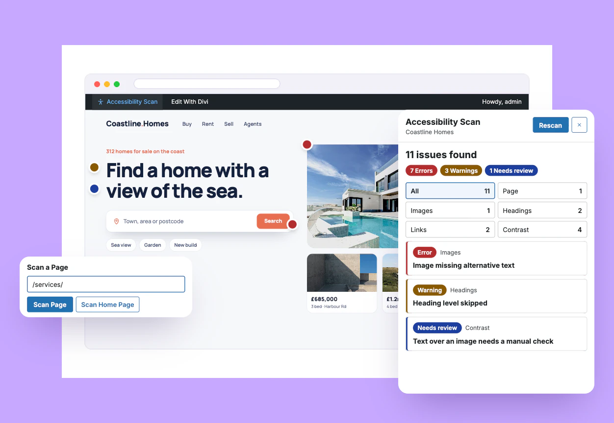 Divi Accessibility Checker Scan Results With Errors, Warnings, and Needs Review