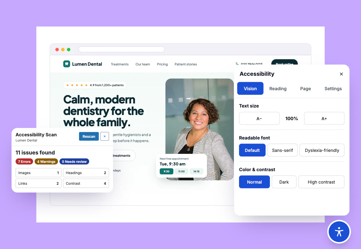 Divi Accessibility Toolbar Panel and Accessibility Checker Results