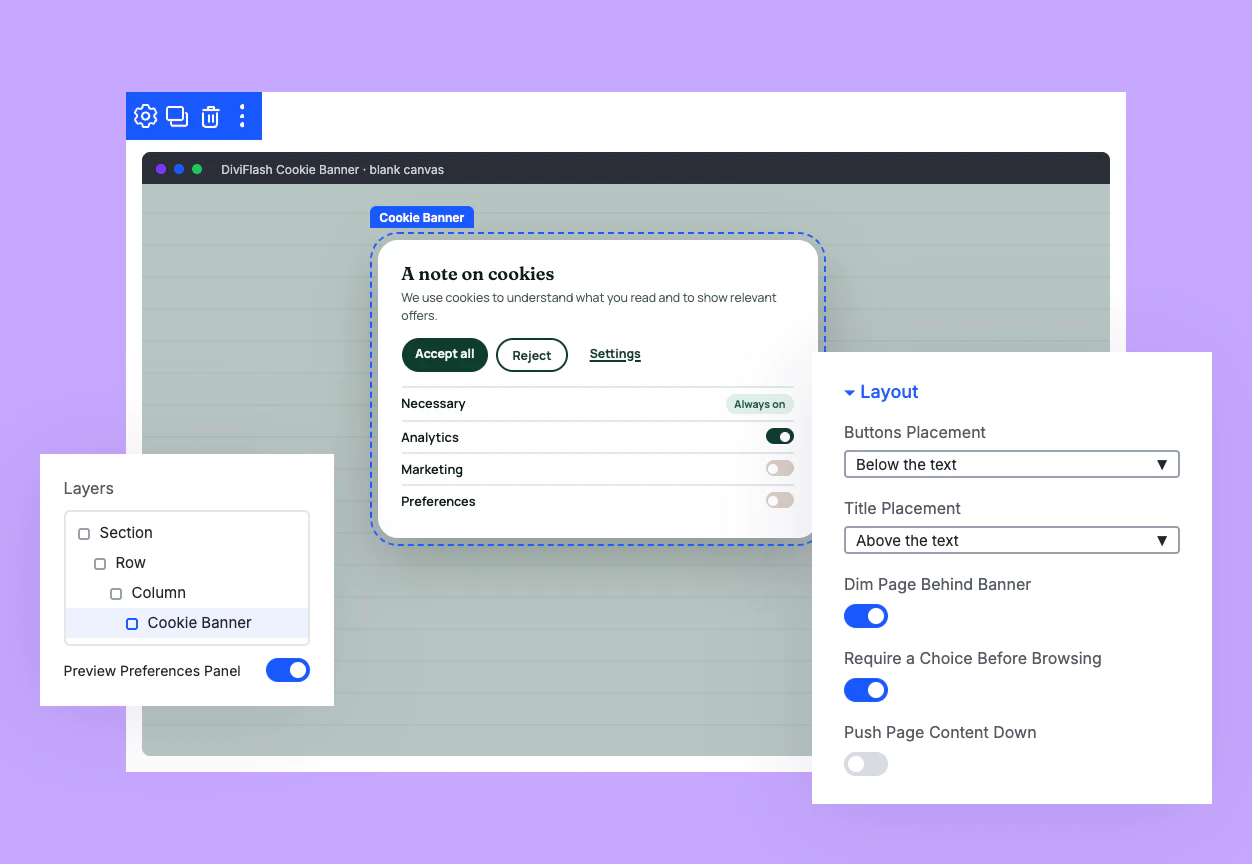 divi-cookie-banner-positions Divi Cookie Banner as Bottom Bar, Corner Card, and Centered Modal