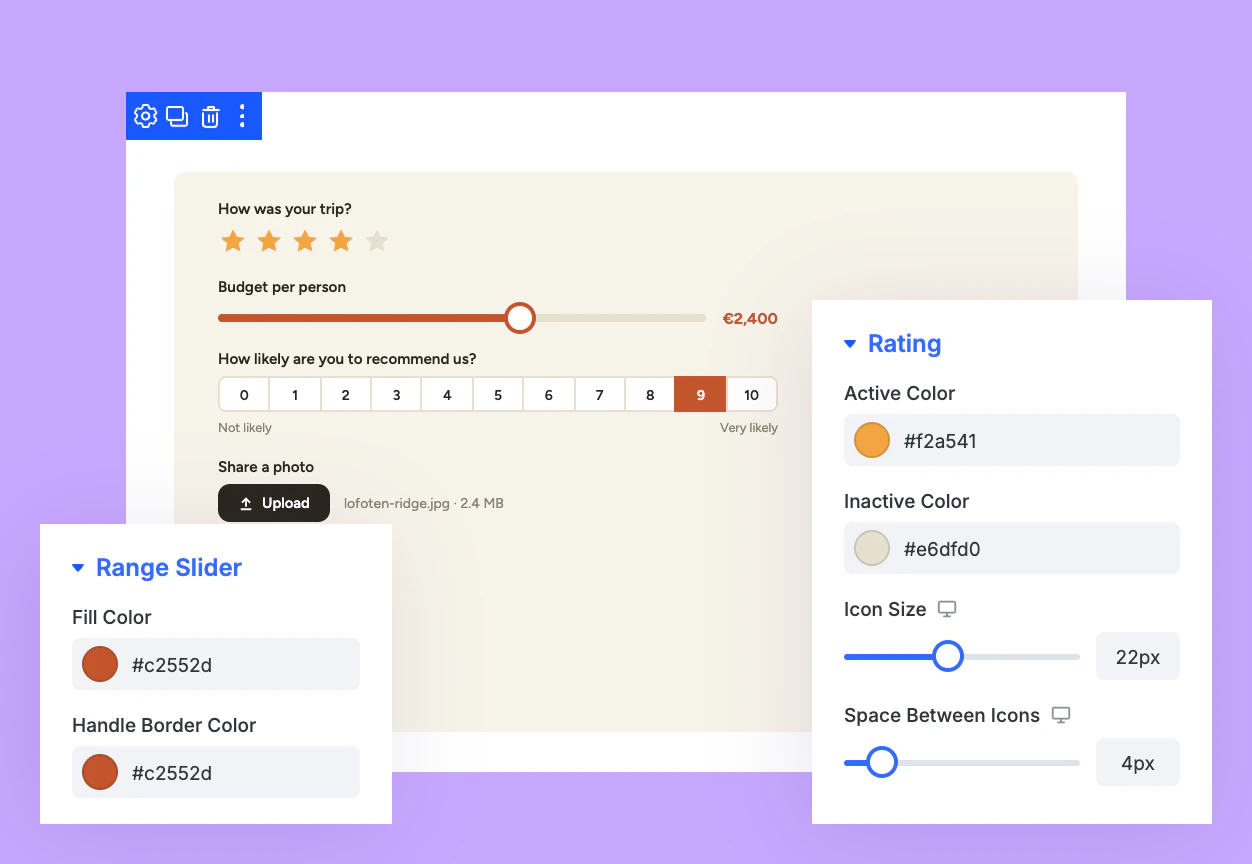 Divi Fluent Forms Styler Star Rating, Range Slider, and File Upload Styling