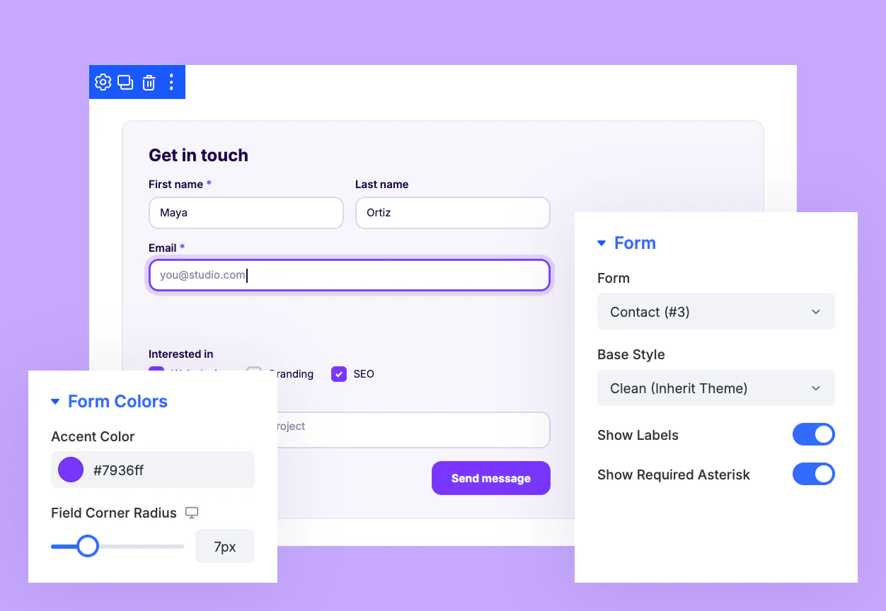 Divi Fluent Forms Styler Base Style and Accent Color Settings