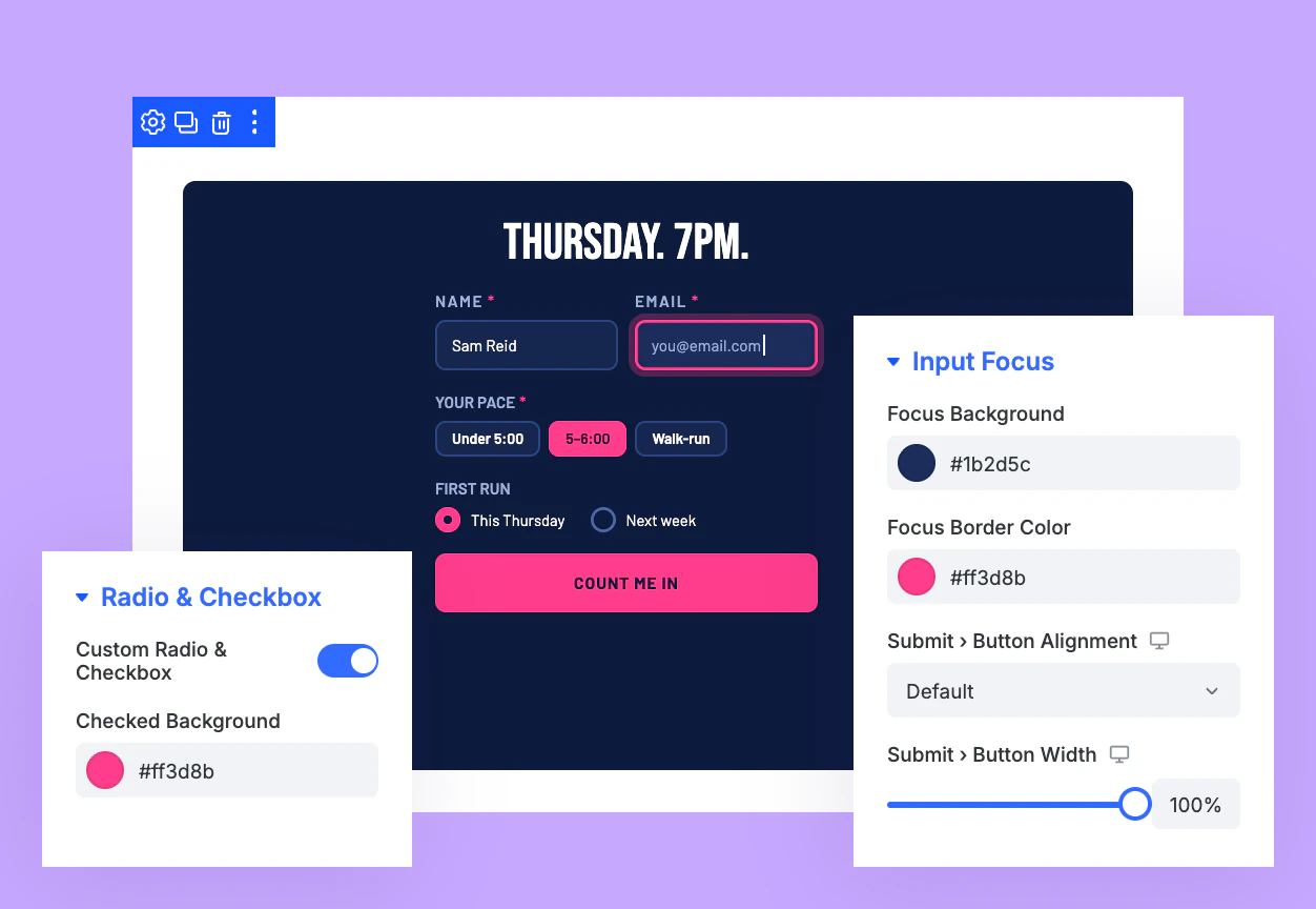 Divi Fluent Forms Styler Field Focus, Custom Checkbox, and Submit Button Styling