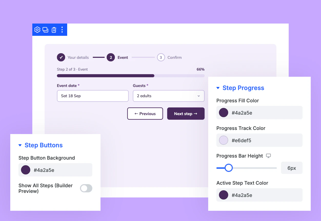 Divi Fluent Forms Styler Multi-Step Form With Styled Progress Bar and Step Buttons