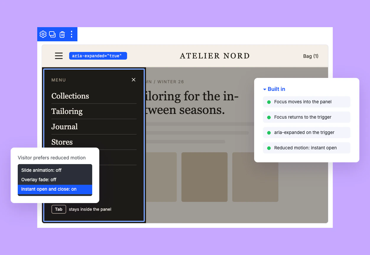 Divi Off Canvas Module Keyboard Focus Inside an Open Panel